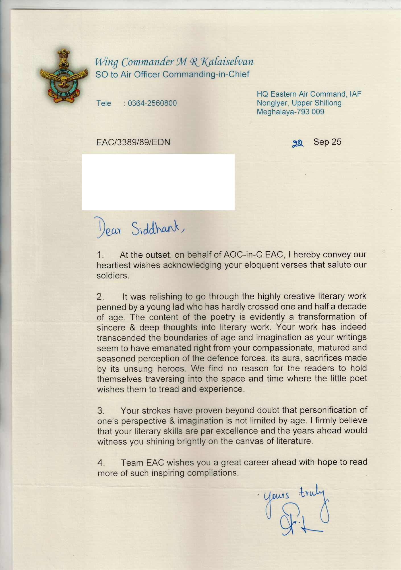Letter of appreciation honouring Siddhant Kumar's poetry