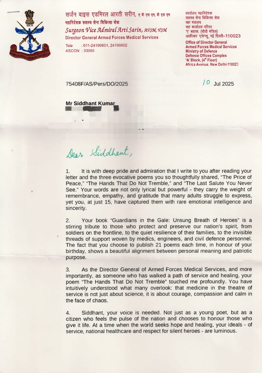 Appreciation letter to Siddhant Kumar, first page
