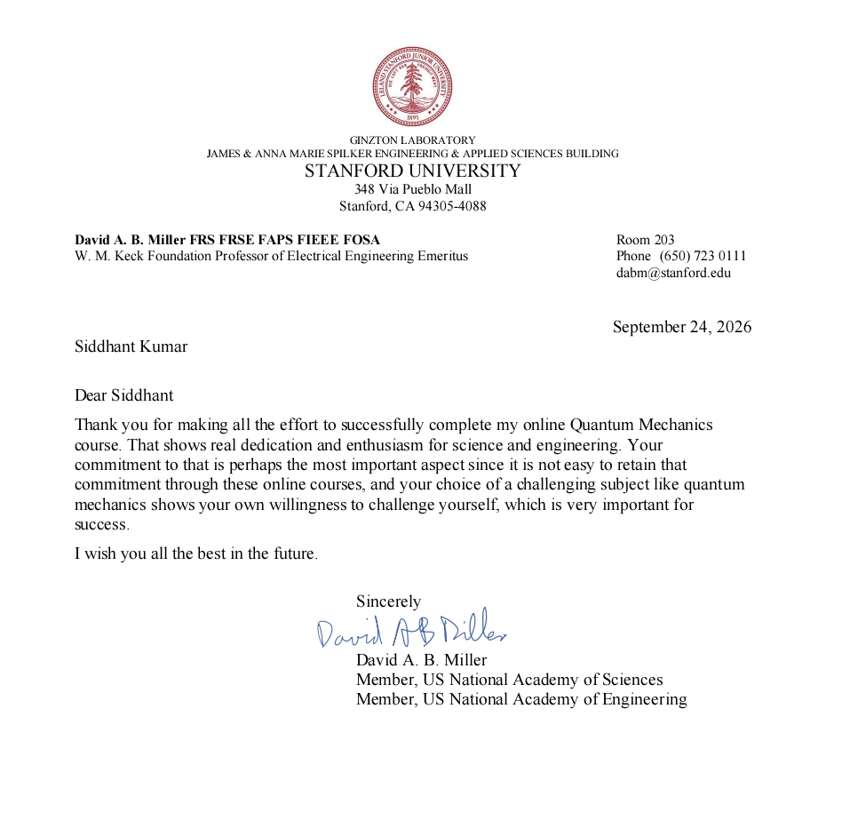 Letter of appreciation from Prof. David A. B. Miller, Stanford University, to Siddhant Kumar