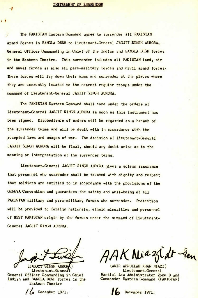 The Pakistani Instrument of Surrender, signed in Dhaka on 16 December 1971